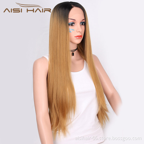 Good Quality Long Silky Ombre Root Brown Dark Straight Wig  Lace Frontal Wig Natural Wave Front Lace Hair Wigs For Women